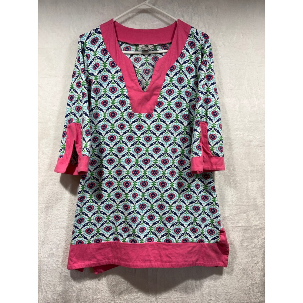 Malabar Bay‎ Organic Cotton Tunic Top XL Pink Blue Floral Medallion 3/4 Sleeve